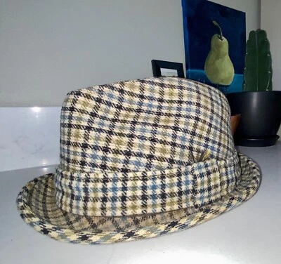 Men’s Vintage Snap-Back Crushable Wool Washburn Fedora Trilby Panama Hat Plaid - Image 1 of 4