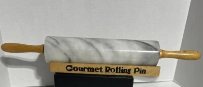 "Rodillo de masa de pastelería vintage de mármol pulido con asas de madera gris de 10""" Foto 1 de 4