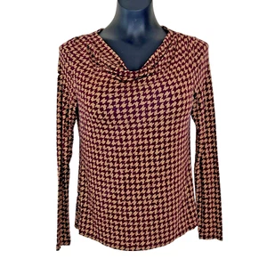 Ann Taylor - Women's S Blouse Houndstooth Print Cranberry Red Gold Cowl Neck - Picture 1 of 13