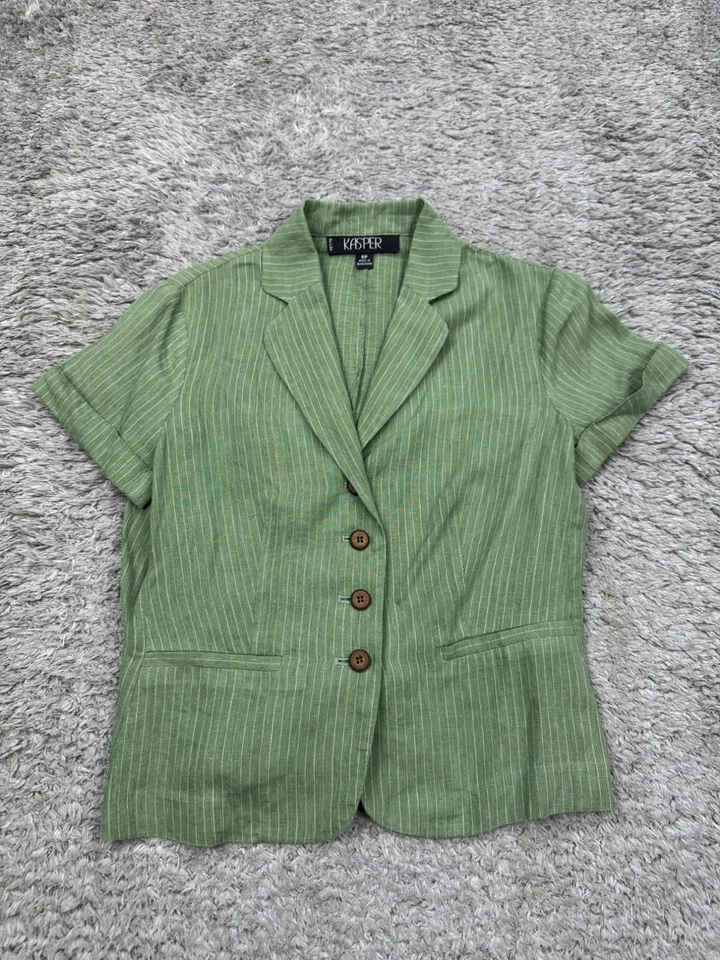 Blusa Kasper Top Mujer 6 Petite Verde Oliva Rayas Lino Puños Manga Corta Foto 1 de 4