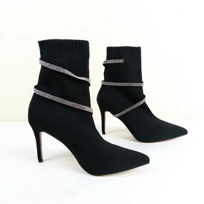 Rouge Rhinestone Wrap Around Knit Boots Women Size 8.5 Black Stiletto Zip Up - Image 1 of 4