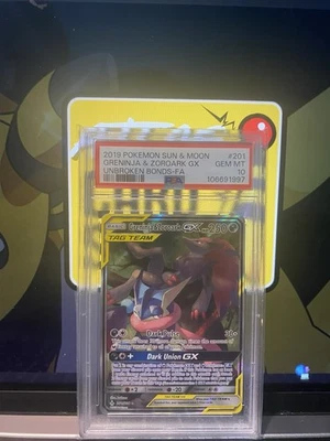 2019 POKEMON SUN & MOON UNBROKEN BONDS FULL ART/GRENINJA & ZOROARK GX PSA 10 - Image 1 of 2