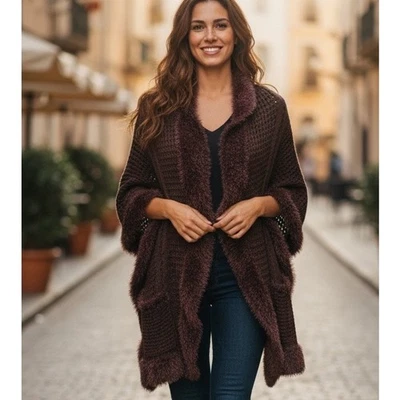 Scarf Shawl Wrap w/ Faux Fur Edging and Pockets Brown Knit CTF Choose the Future - Image 1 of 4