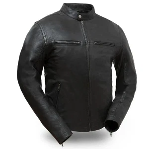 Men's Genuine Leather Moto Jacket Black Cafe Racer Biker Style Slim Fitting - Picture 1 of 3