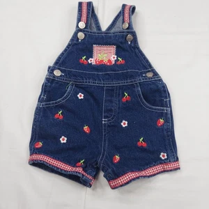 Vintage Girls 6-9M Denim Fruit Embroidered Shortalls Overalls Cherry Strawberry - Picture 1 of 6