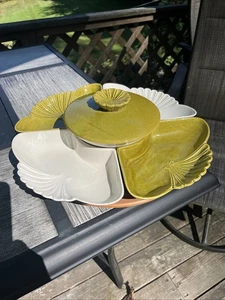 Vintage California Pottery Lazy Susan L61 White/Olive Entertaining Server 7 Pcs - Picture 1 of 6
