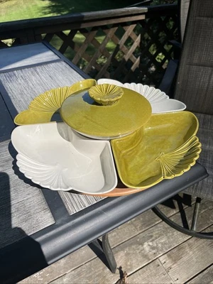 Vintage California Pottery Lazy Susan L61 White/Olive Entertaining Server 7 Pcs - Image 1 of 4