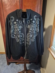 Susan Graver Women's XL Gray Full Zip Sweater Silver Embellished Mock Neck - Picture 1 of 4