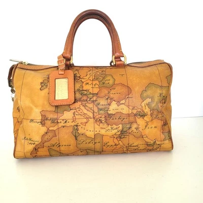 Bolso de Lona Boston Alviero Martini Vintage Cartera Mapa Patrón Cuero Marrón Grande  Foto 1 de 4