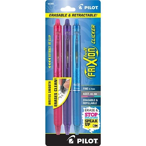3 Pilot Frixion Erasable Clicker GEL Pens Pink Purple Light Blue Ink