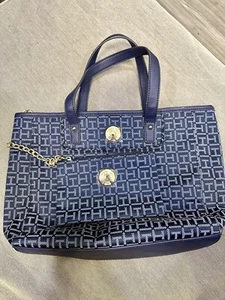 Tommy Hilfiger Shoulder Bag Satchel Blue Navy Monogram w/ Detachable Pouch - Picture 1 of 15