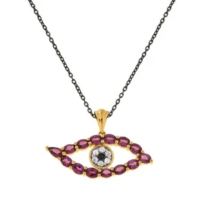 Womens Sterling Silver Rhodolite Evil Eye Charm Pendant Necklace - Picture 1 of 2