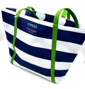 Clinique x Kate Spade Shopping Shoulder Tote Bag~Navy White Stripe~ Green Strip - Picture 1 of 4