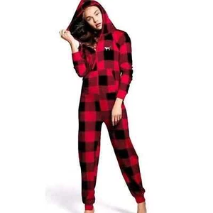 Victoria's Secret Sherpa Long Jane One Piece Red Pepper Gingham Buffalo Plaid XS - Picture 1 of 3