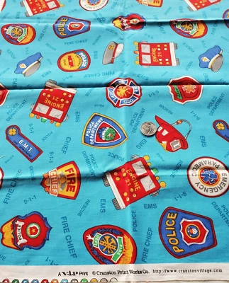 1/2 Yd Emergency Vehicles Blue Fabric Fire Dept Rescue Police Dept Cranston VIP - Image 1 of 3