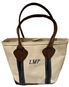Vintage LL Bean Boat & Tote Bag with Full-Grain Leather Handles Navy Blue Trim - Picture 1 of 7