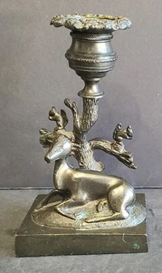 Vintage Metal English Candlestick Holder Tree Deer Doe Squirrel on Base - Picture 1 of 9