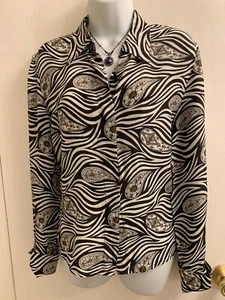 COMFORT X 100% SOFT SILK BLACK & GRAY ZEBRA PAISLEY DESIGN LONG SLEEVE BLOUSE ME - Picture 1 of 9