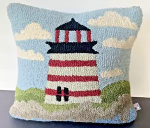 Chandler 4 Corners Lighthouse 17" Square Wool Hooked Throw Pillow by J. Reilly - Picture 1 of 6