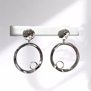 Large Statement Earrings Clip On Silver Tone Geometric Dangle Hoop Art Unique - Picture 1 of 7