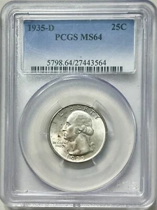 Washington Silver Quarter 1935 D PCGS MS 64 90% Silver Uncirculated 25c Coin lot - Picture 1 of 12