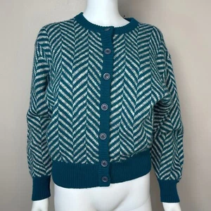 Vintage 1990s Teal Chevron Cardigan Sweater 90s Loo and Boo Batwing Sleeves - Picture 1 of 6