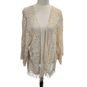 Cream Crochet Short Duster Tags Missing Fringed Boho One Size Kimono Cotton Acry - Picture 1 of 8