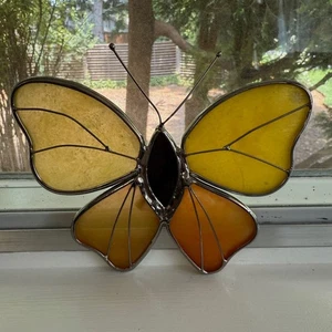 Vintage Stained Glass Like Resin Butterfly Garden Ornament Orange Yellow - Picture 1 of 8