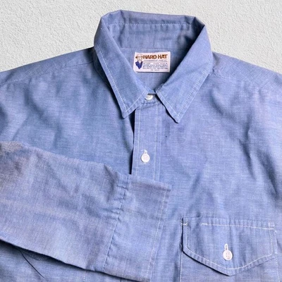 Camisa de Trabajo Vintage Sombrero Duro Cambray Hecha en EE. UU. Azul Manga Larga Botón Delantero XL Foto 1 de 4