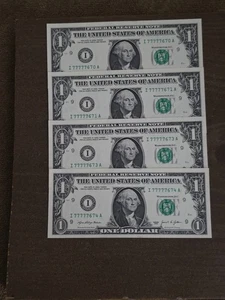 Lot of 4 $1 trinary notes UNC I77777670A, I77777671A, I77777673A I77777674A - Picture 1 of 4