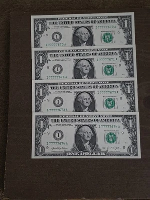 Lot of 4 $1 trinary notes UNC I77777670A, I77777671A, I77777673A I77777674A - Image 1 of 4