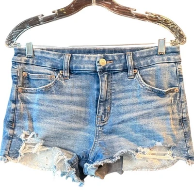 Pantalones Cortos Denim American Eagle Talla 8 Envejecido Ojales Encaje Siguiente Nivel Elastizados Foto 1 de 4