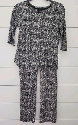 MISS ELAINE 2 Piece Pajama Set ¾ Sleeve Pull On Top Long Pants Black Floral Sz S - Image 1 of 4