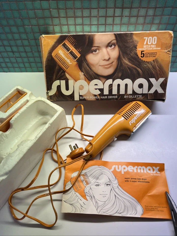 COMPLETE Vintage ORANGE SUPERMAX Gillette HAIR BLOW DRYER / STYLER  - 1980's - image 1 of 4