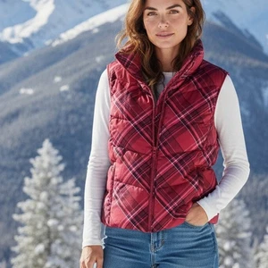 TALBOTS Holiday Waterfowl Down Fill Full-Zip Puffer Vest In Red Tartan Plaid XL - Picture 1 of 6