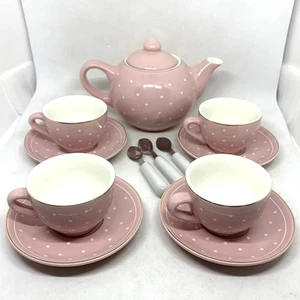 FAO Schwarz Child's Ceramic Tea Party Set Pink Polka Dots Gold Trim 13 Pieces - Picture 1 of 10