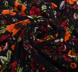 Sushila Vintage Black Sari Pure Georgette Silk Printed Dress Fabric By the Yard - Picture 1 of 10