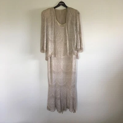 Damianou Metallic Gold Lace Crochet Fringed Tassel Maxi Dress &Jacket M Art Deco - Image 1 of 4