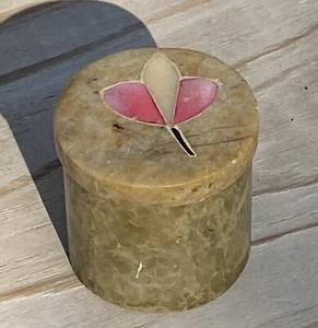 Vintage Trinket Pill Box Round Stone With Floral Inlay - Picture 1 of 8