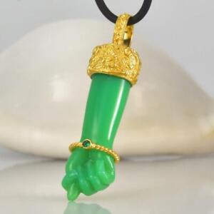 Gold Vermeil Sterling Mano Fico Figa Magic Pendant Carved Chrysoprase 10.47 g