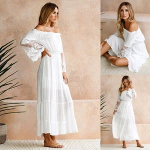 Women Boho Dress Plain Lace Summer Beach Holiday Ladies Party Maxi Long Dress - Picture 1 of 24