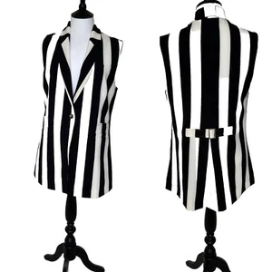 FOREVER UNIQUE .. Stylish Black & White Sleeveless Longline Striped Jacket 12 - Picture 1 of 10