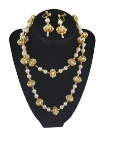 Vintage Beaded Chain Necklace & Earring SET White & Gold Beads 16" - Picture 1 of 11