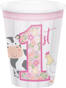 Farmhouse Barnyard Farm Animal Kids 1st Birthday Party 9 oz. Paper Cups GIRL - Picture 1 of 1