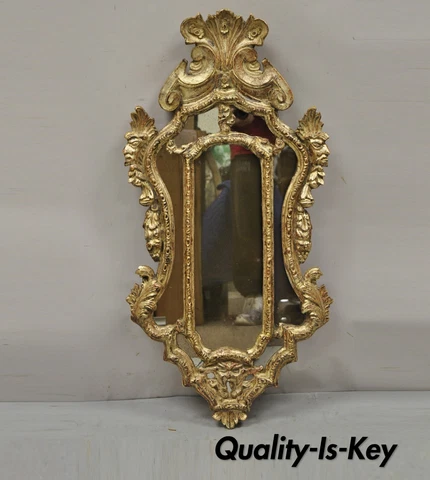 Vintage Italian Rococo Style Carved Wood 40" Distressed Finish Wall Mirror Cover