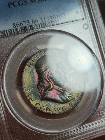 1957 D 50C Franklin Silver Half Dollar PCGS MS66FBL Rainbow Color Toned Pretty Cover