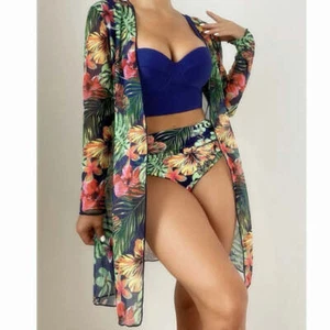 Green swimsuit three-piece set - blue top - Picture 1 of 6