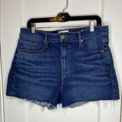 Pantalones Cortos de Jean Frame Le Brigette Denim Azul Corte Cintura Alta Dobladillo Crudo. Talla 32 Foto 1 de 4