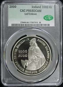2000 LEIF ERICSON Silver Proof 1000 Kroner CAC PR68 DCAM (2531983) - Picture 1 of 4