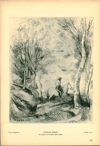 Altes Foto Radierung Hyperion Ciche Glas Camille Corot Reiter aus Zeitschrift - Bild 1 von 2